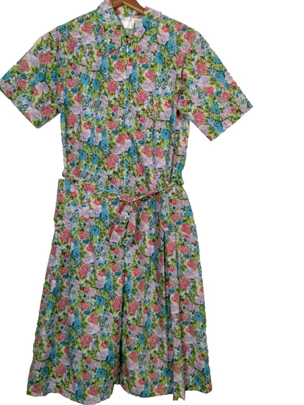 Buck & Buck House Dress Small Floral Pleated Zip Front Short Sleeve Granny - Picture 2 of 16